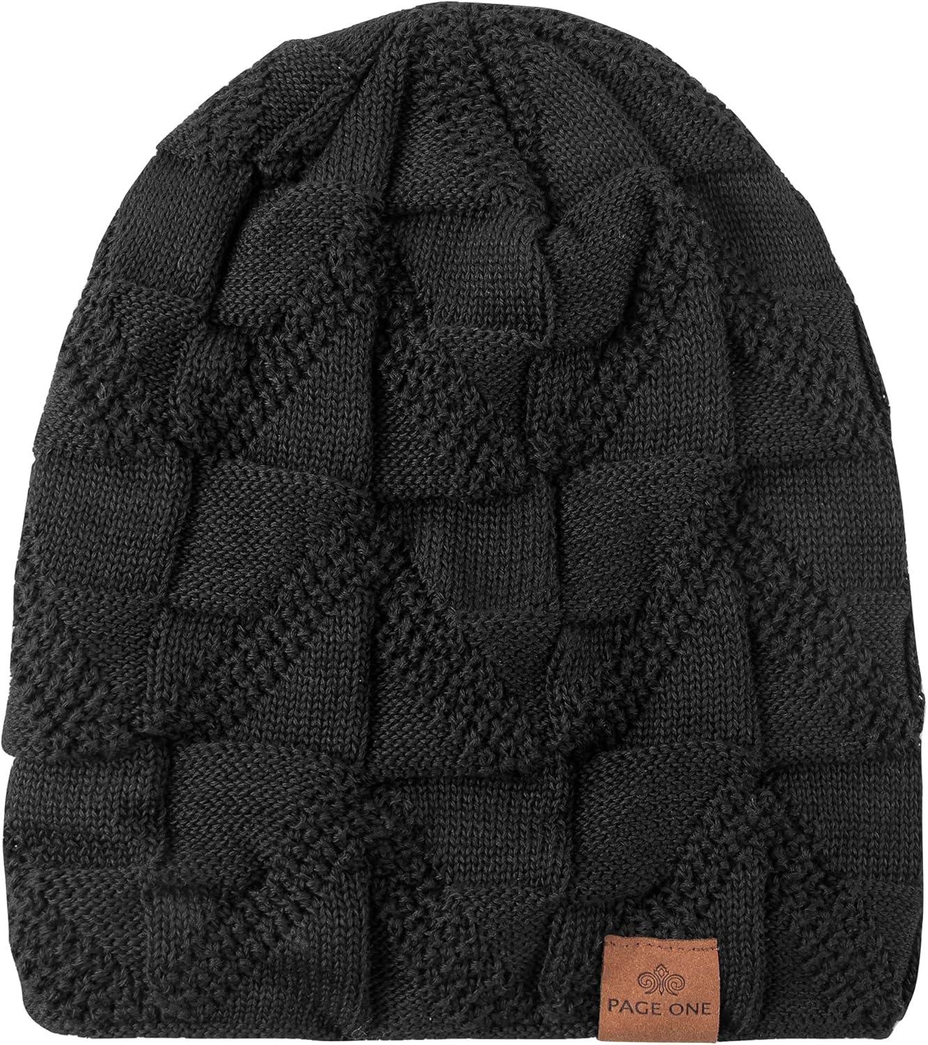 image:imagePAGE ONE Mens Winter Slouchy Beanie Warm Fleece Lined Skull Cap Baggy Cable Knit HatPure Black