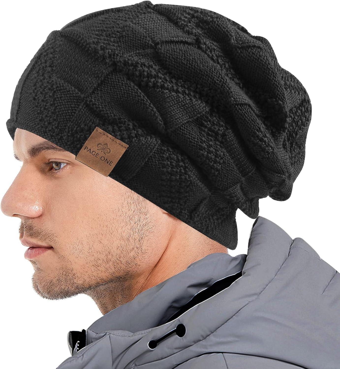 image:imagePAGE ONE Mens Winter Slouchy Beanie Warm Fleece Lined Skull Cap Baggy Cable Knit HatPure Black