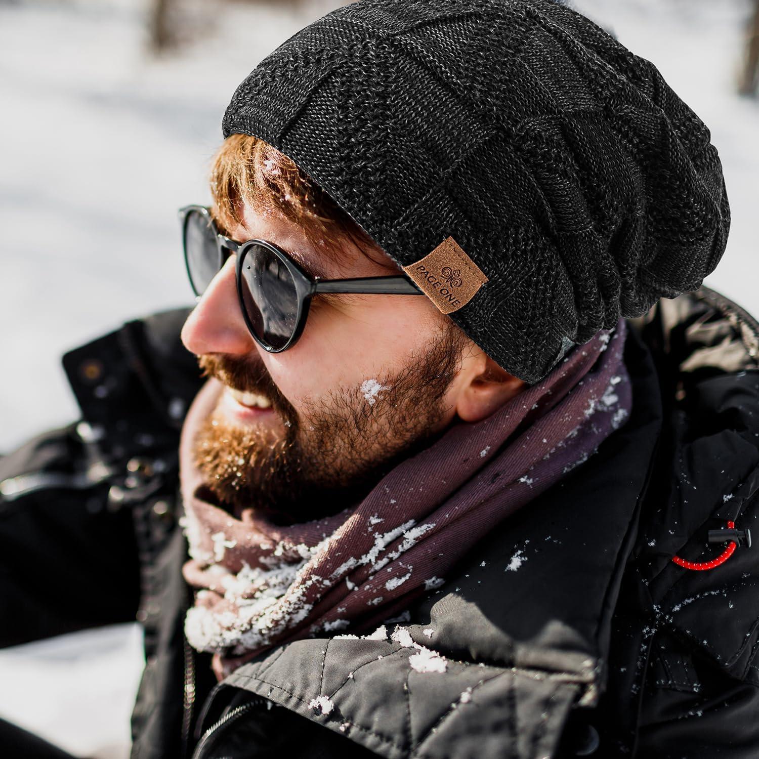 image:imagePAGE ONE Mens Winter Slouchy Beanie Warm Fleece Lined Skull Cap Baggy Cable Knit HatPure Black