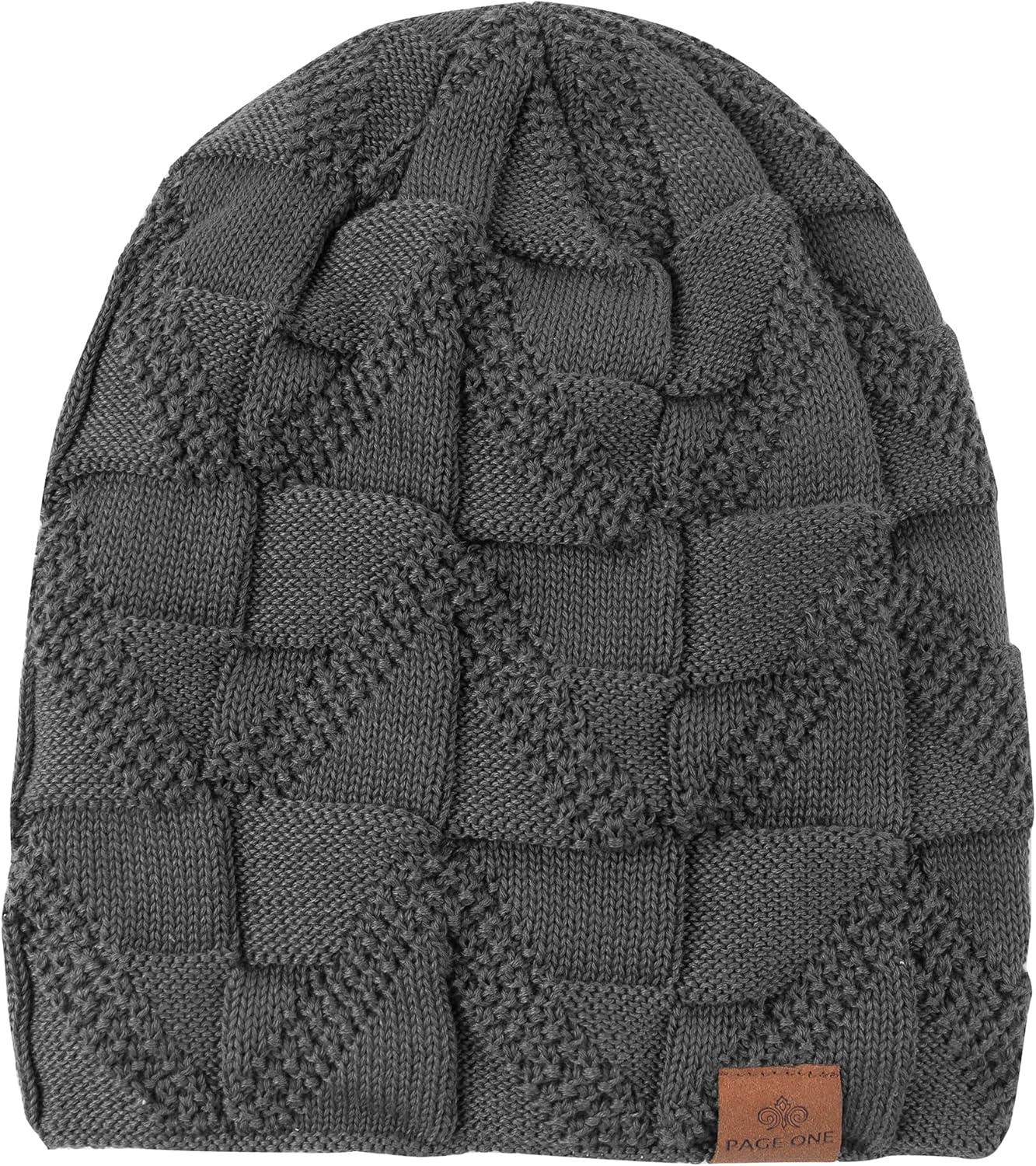 image:imagePAGE ONE Mens Winter Slouchy Beanie Warm Fleece Lined Skull Cap Baggy Cable Knit HatPure Blackwhite