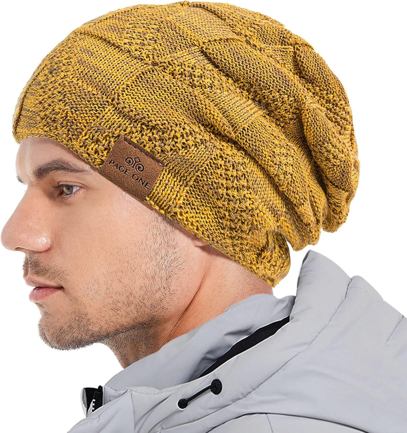 image:imagePAGE ONE Mens Winter Slouchy Beanie Warm Fleece Lined Skull Cap Baggy Cable Knit HatYellow