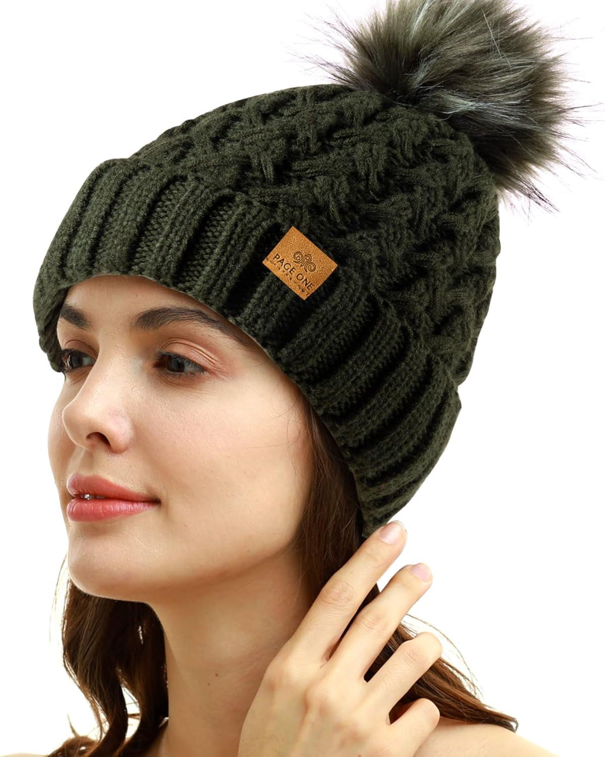 image:imagePAGE ONE Womens Winter Ribbed Beanie Crossed Cap Chunky Cable Knit Pompom Soft Warm HatDark Green