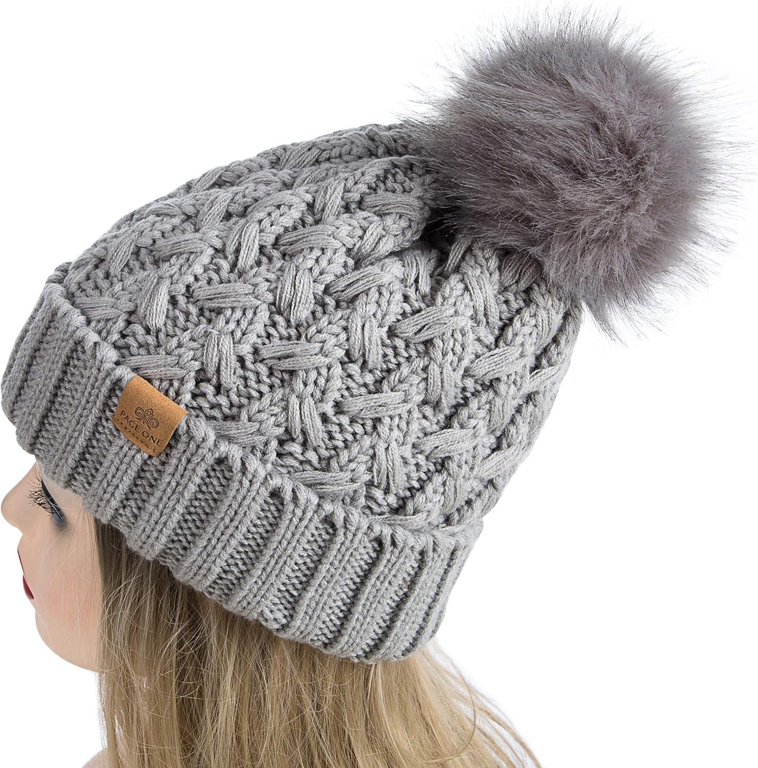 image:imagePAGE ONE Womens Winter Ribbed Beanie Crossed Cap Chunky Cable Knit Pompom Soft Warm HatLight Gray