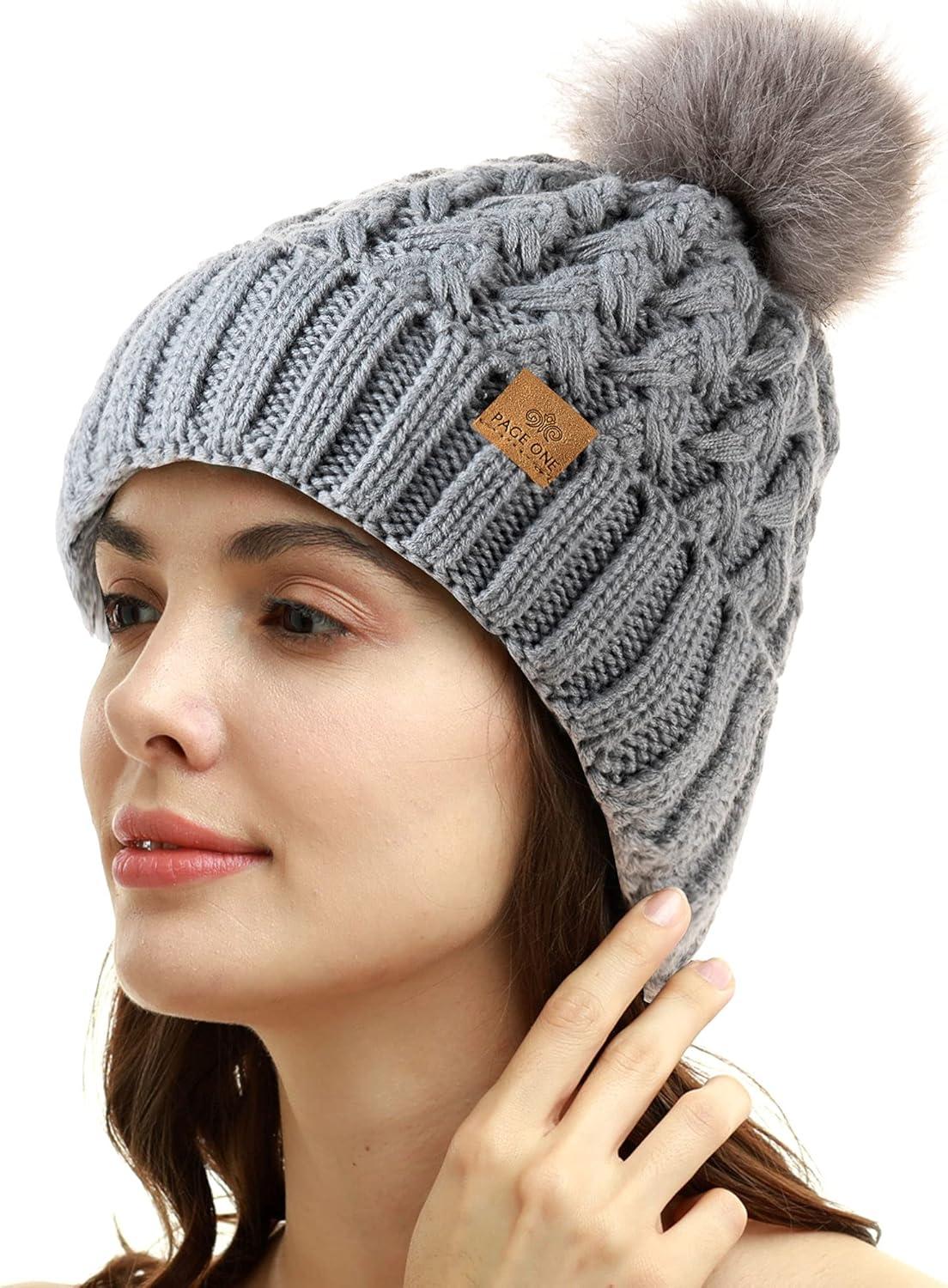 image:imagePAGE ONE Womens Winter Ribbed Beanie Crossed Cap Chunky Cable Knit Pompom Soft Warm HatLight Gray