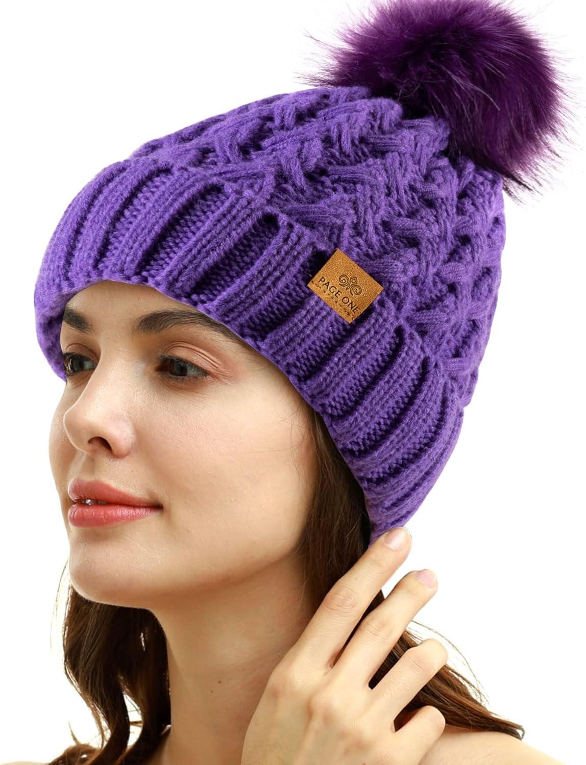 image:imagePAGE ONE Womens Winter Ribbed Beanie Crossed Cap Chunky Cable Knit Pompom Soft Warm HatLight Purple