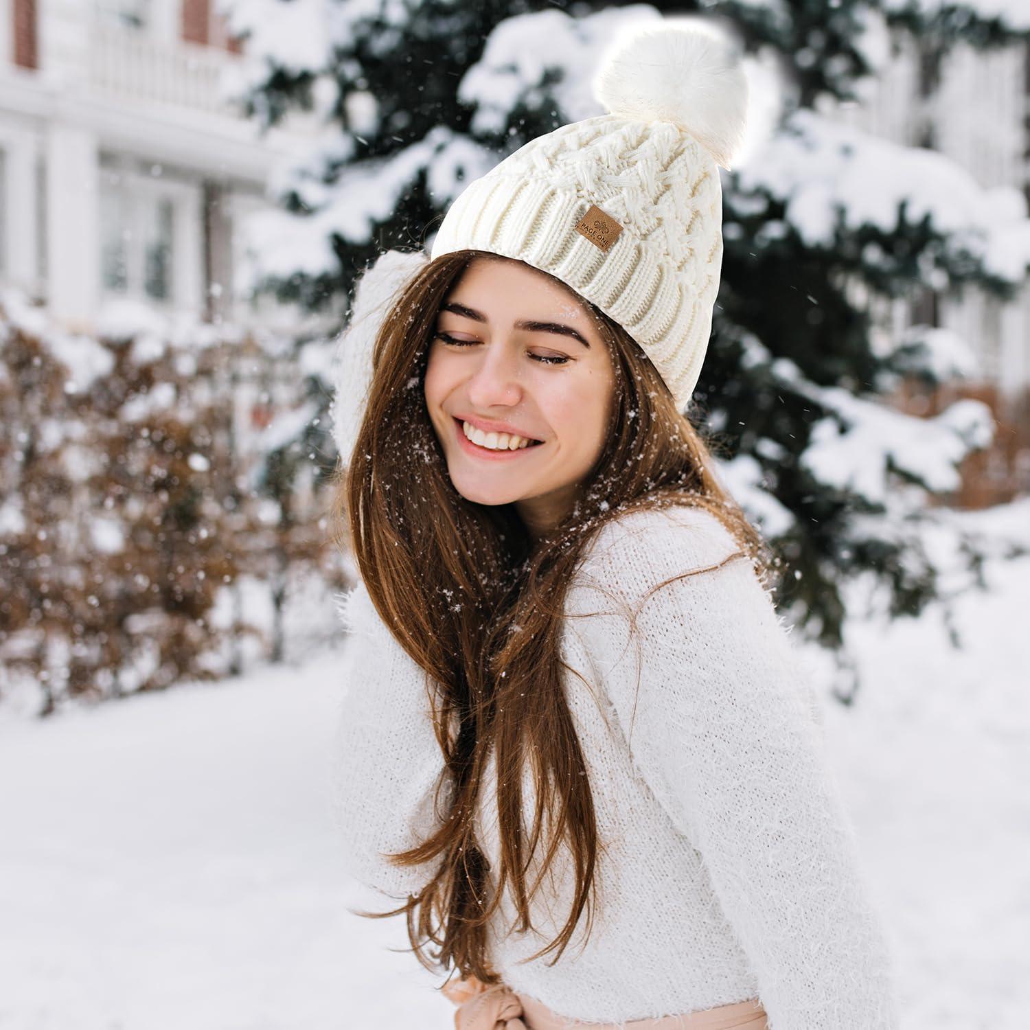 image:imagePAGE ONE Womens Winter Ribbed Beanie Crossed Cap Chunky Cable Knit Pompom Soft Warm HatLight Purple