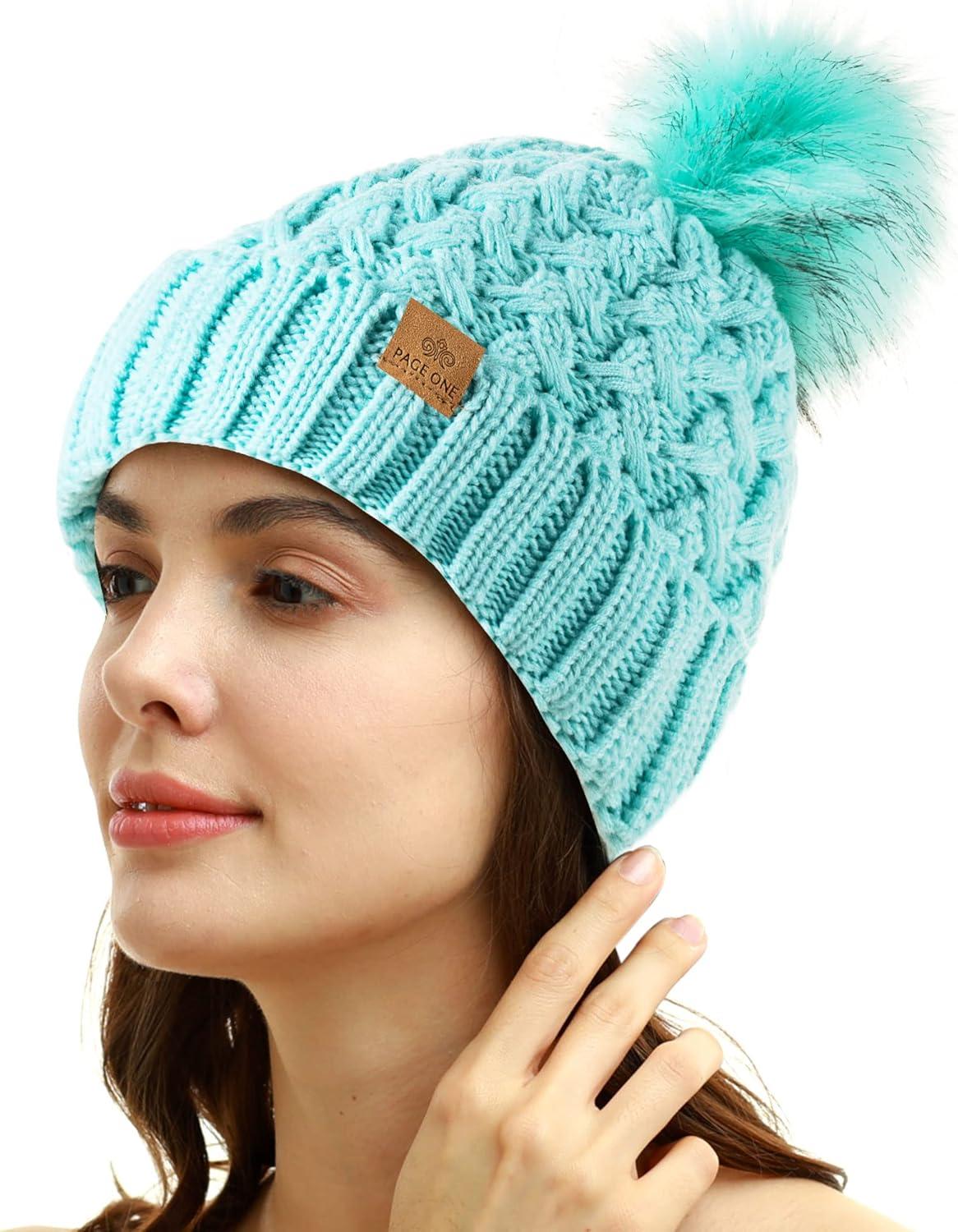 image:imagePAGE ONE Womens Winter Ribbed Beanie Crossed Cap Chunky Cable Knit Pompom Soft Warm HatMint
