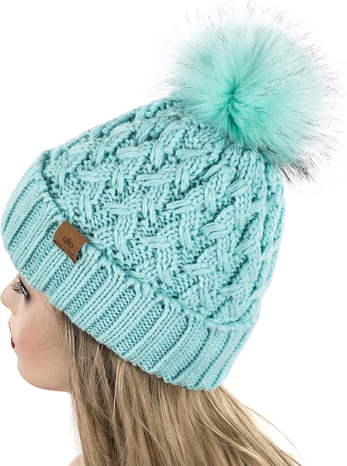 image:imagePAGE ONE Womens Winter Ribbed Beanie Crossed Cap Chunky Cable Knit Pompom Soft Warm HatMint