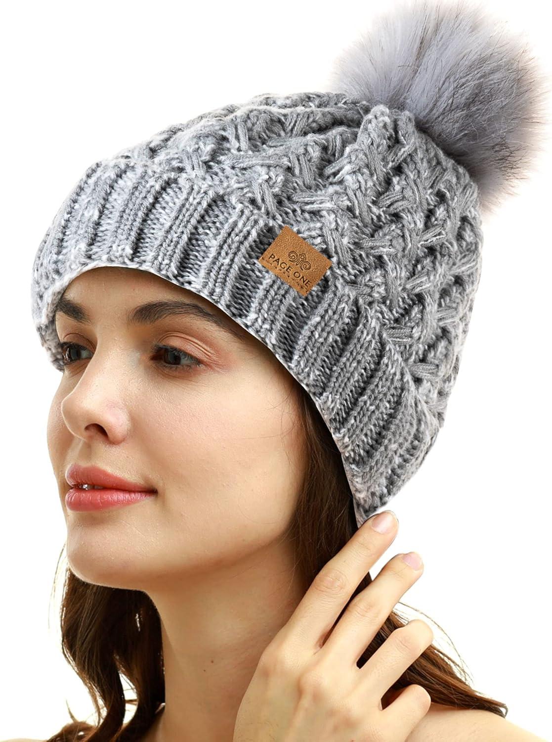 image:imagePAGE ONE Womens Winter Ribbed Beanie Crossed Cap Chunky Cable Knit Pompom Soft Warm HatMixed Light Grey