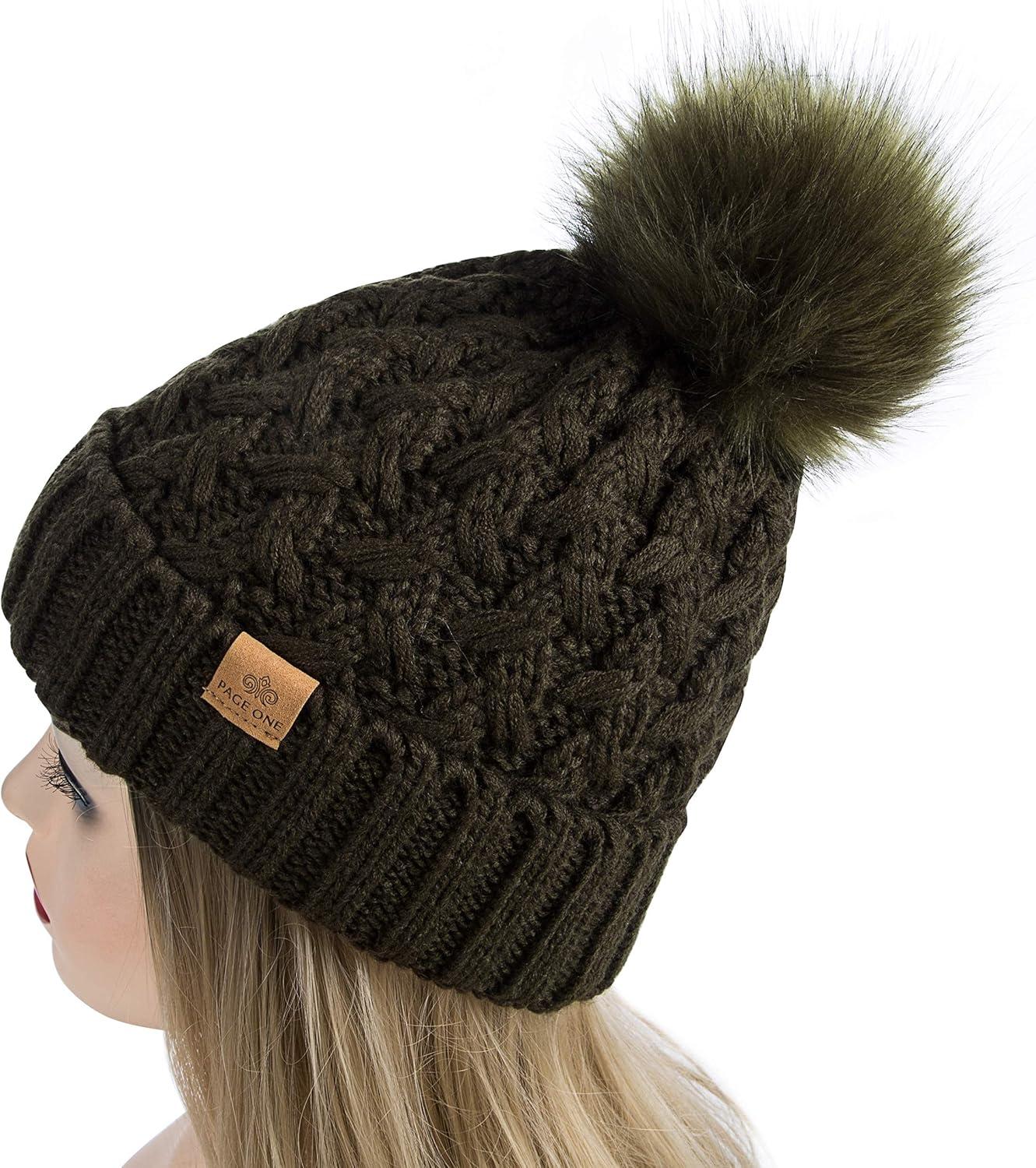 image:imagePAGE ONE Womens Winter Ribbed Beanie Crossed Cap Chunky Cable Knit Pompom Soft Warm HatOlive Green