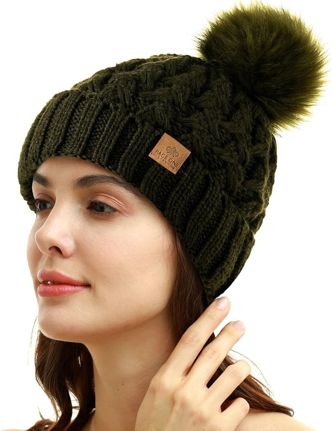 image:imagePAGE ONE Womens Winter Ribbed Beanie Crossed Cap Chunky Cable Knit Pompom Soft Warm HatOlive Green