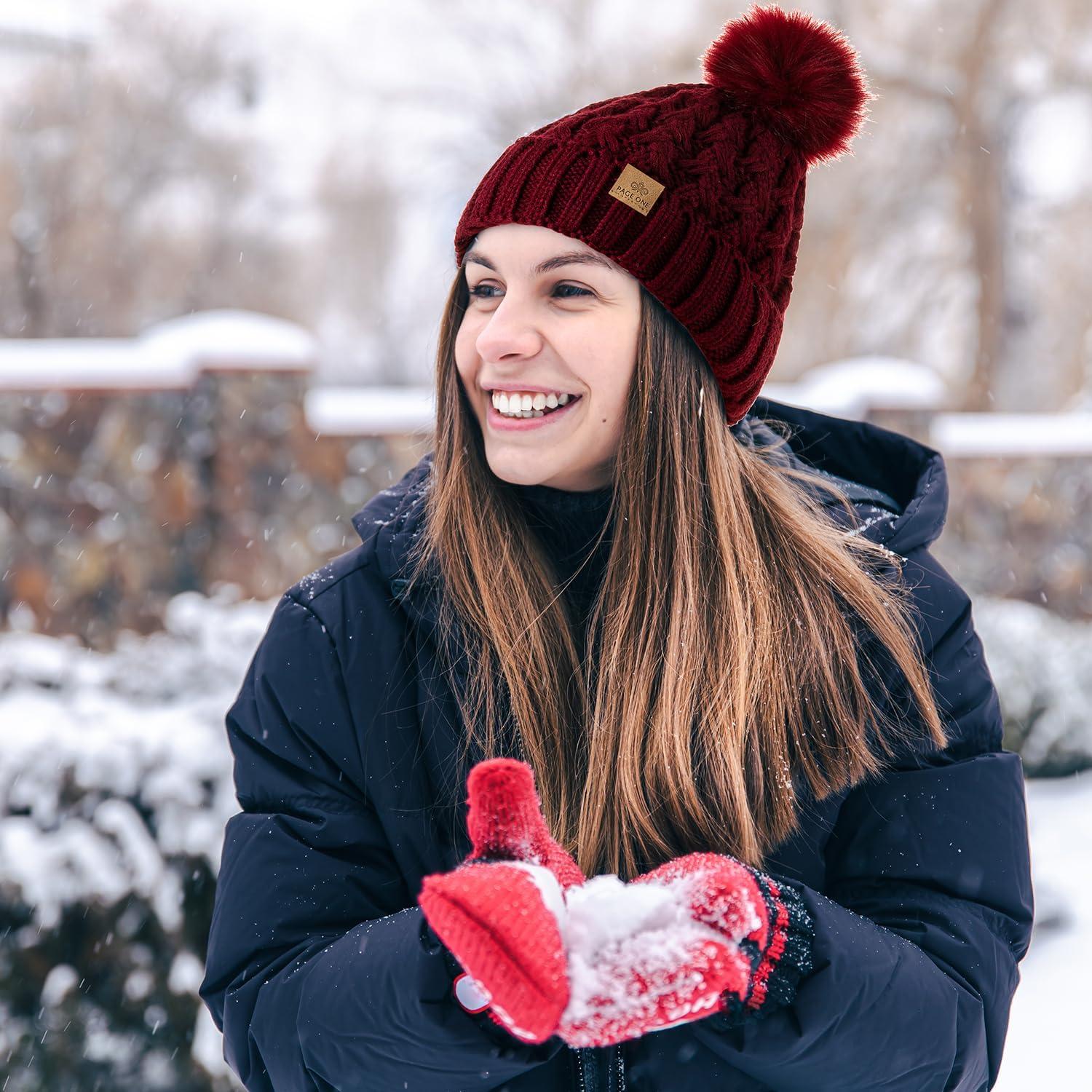 image:imagePAGE ONE Womens Winter Ribbed Beanie Crossed Cap Chunky Cable Knit Pompom Soft Warm HatPurple