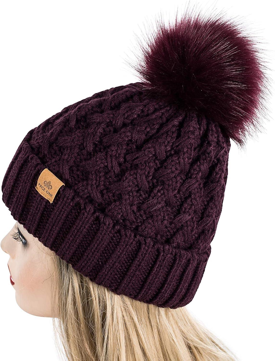 image:imagePAGE ONE Womens Winter Ribbed Beanie Crossed Cap Chunky Cable Knit Pompom Soft Warm HatPurple