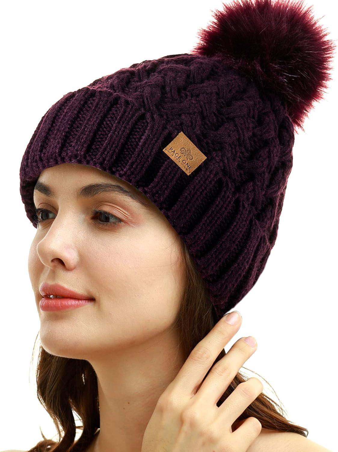 image:imagePAGE ONE Womens Winter Ribbed Beanie Crossed Cap Chunky Cable Knit Pompom Soft Warm HatPurple