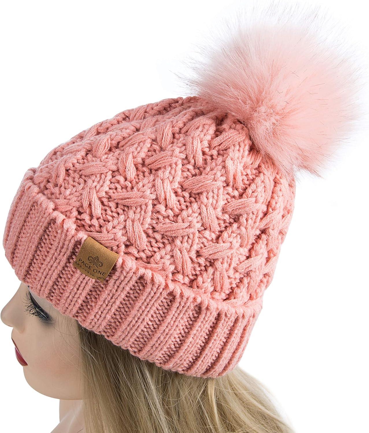image:imagePAGE ONE Womens Winter Ribbed Beanie Crossed Cap Chunky Cable Knit Pompom Soft Warm HatRose Pink