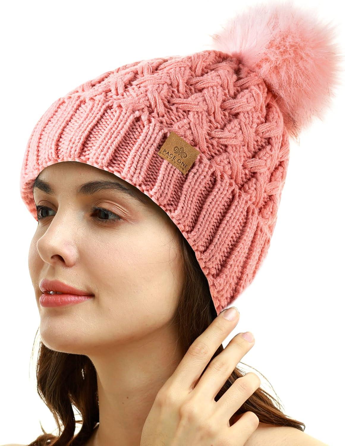 image:imagePAGE ONE Womens Winter Ribbed Beanie Crossed Cap Chunky Cable Knit Pompom Soft Warm HatRose Pink