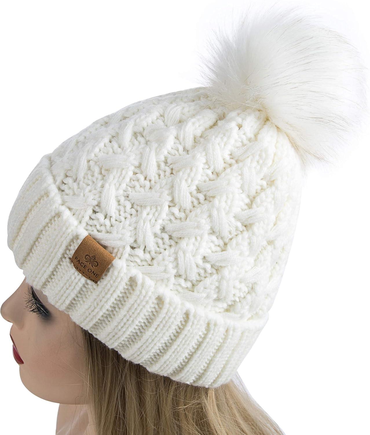 image:imagePAGE ONE Womens Winter Ribbed Beanie Crossed Cap Chunky Cable Knit Pompom Soft Warm HatWhite