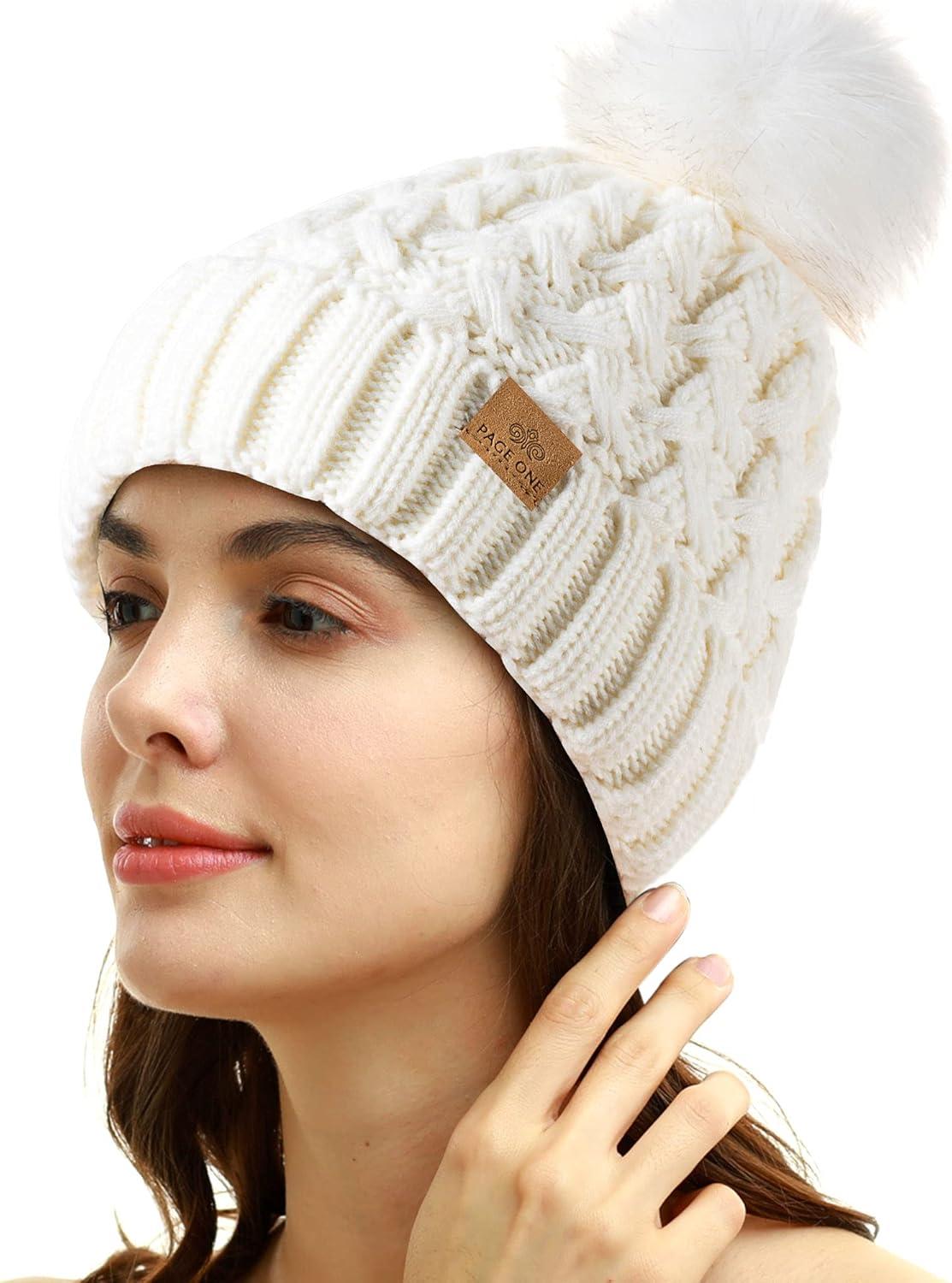 image:imagePAGE ONE Womens Winter Ribbed Beanie Crossed Cap Chunky Cable Knit Pompom Soft Warm HatWhite