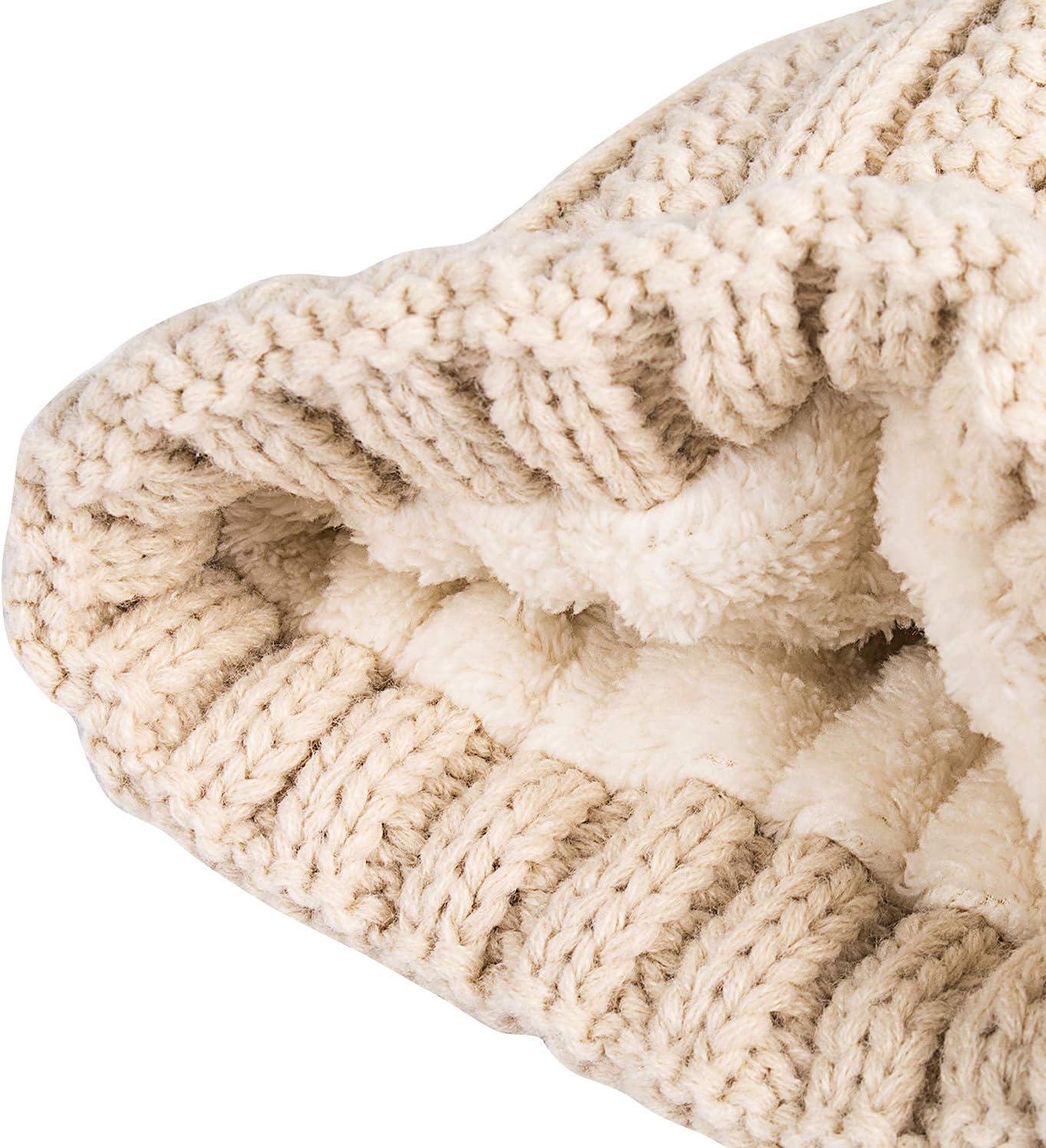 image:imagePAGE ONE Womens Winter Thick Cable Knit Beanie Faux Fur Pom Hat Fleece Lined Skull CapBeige