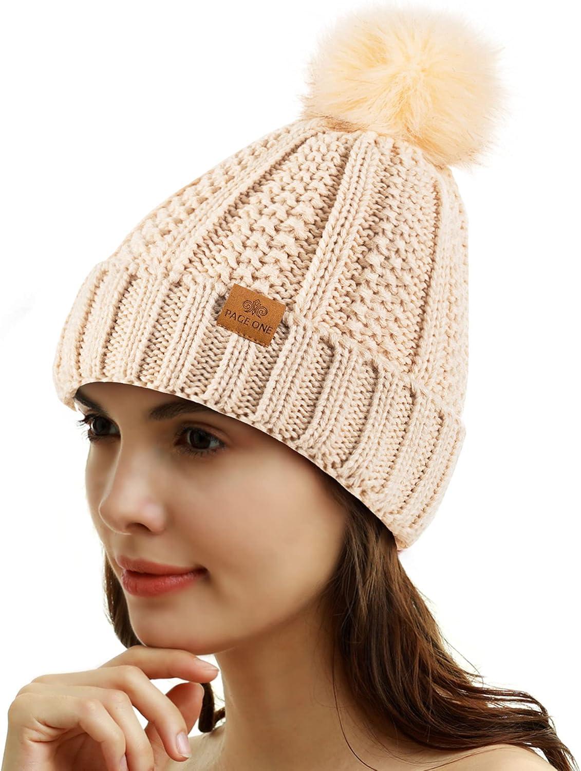 image:imagePAGE ONE Womens Winter Thick Cable Knit Beanie Faux Fur Pom Hat Fleece Lined Skull CapBeige