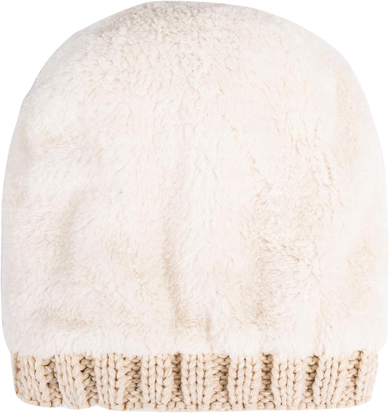 image:imagePAGE ONE Womens Winter Thick Cable Knit Beanie Faux Fur Pom Hat Fleece Lined Skull CapBeige
