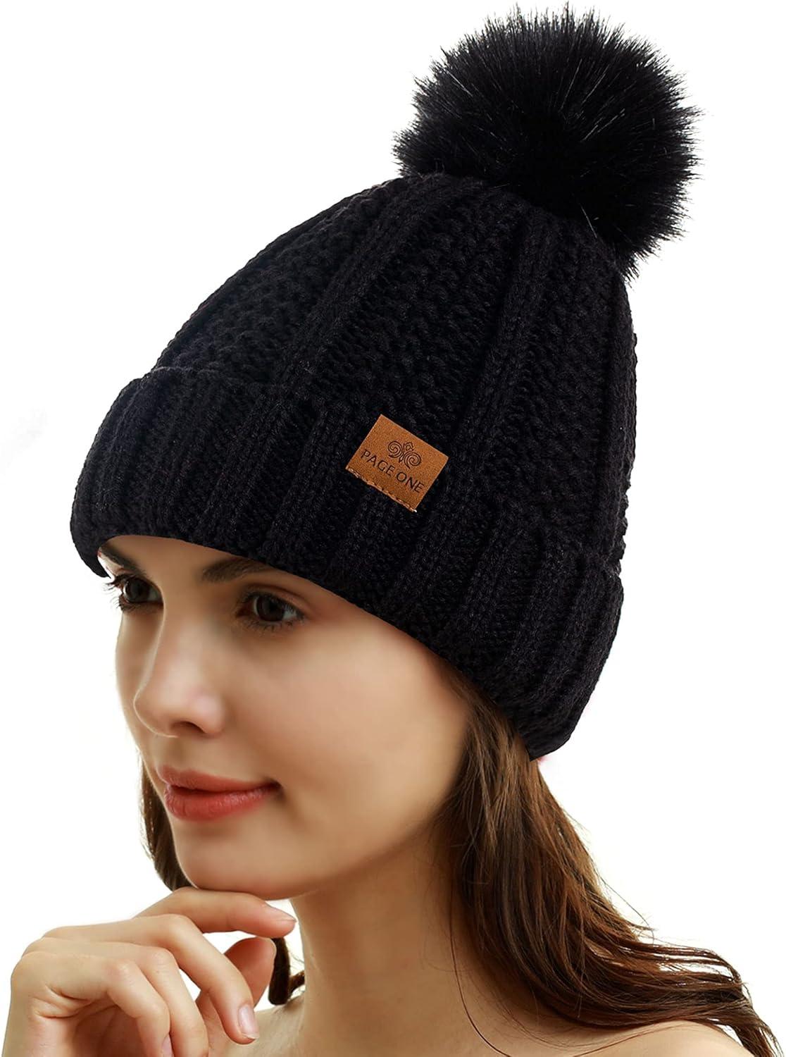 image:imagePAGE ONE Womens Winter Thick Cable Knit Beanie Faux Fur Pom Hat Fleece Lined Skull CapBlack