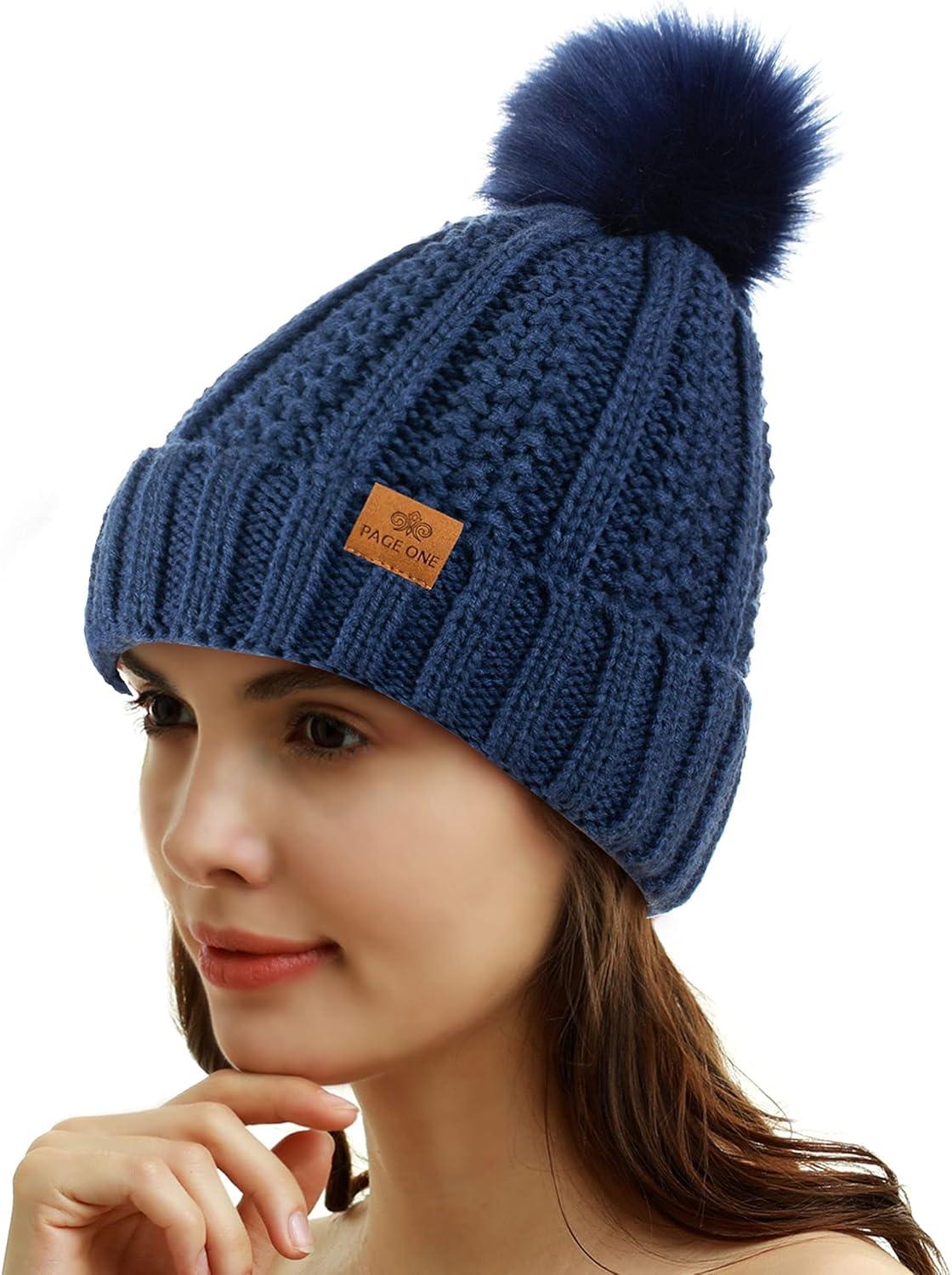 image:imagePAGE ONE Womens Winter Thick Cable Knit Beanie Faux Fur Pom Hat Fleece Lined Skull CapDark Blue