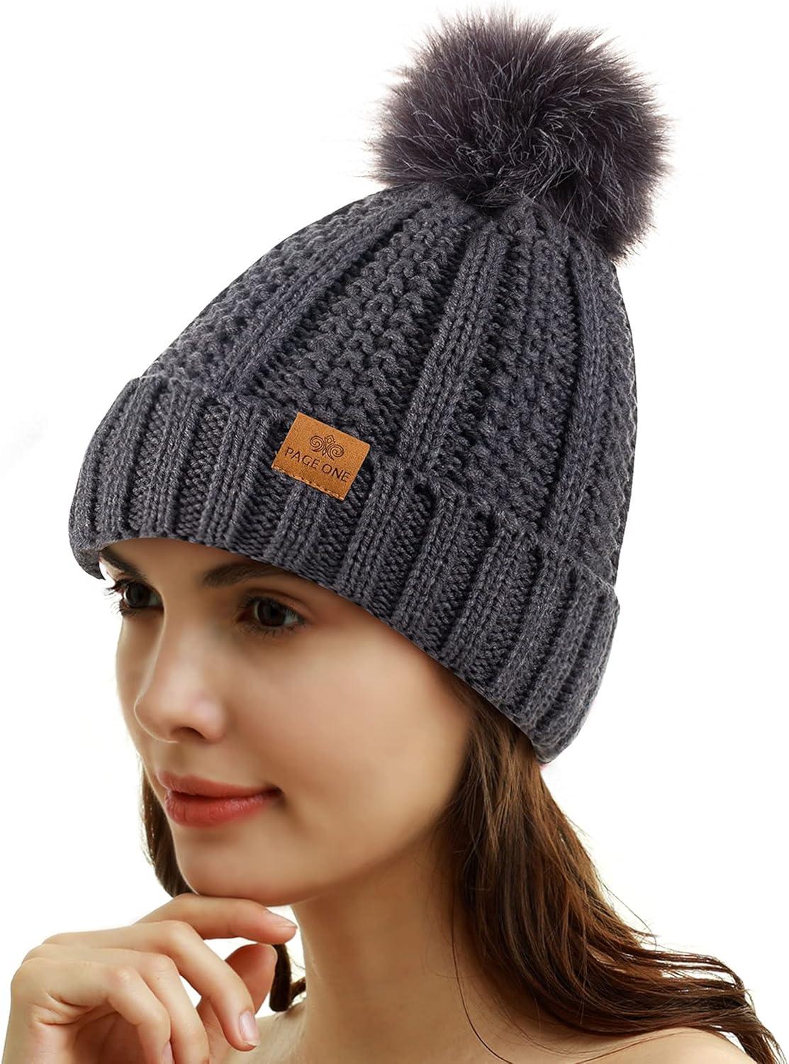 image:imagePAGE ONE Womens Winter Thick Cable Knit Beanie Faux Fur Pom Hat Fleece Lined Skull CapDark Gray