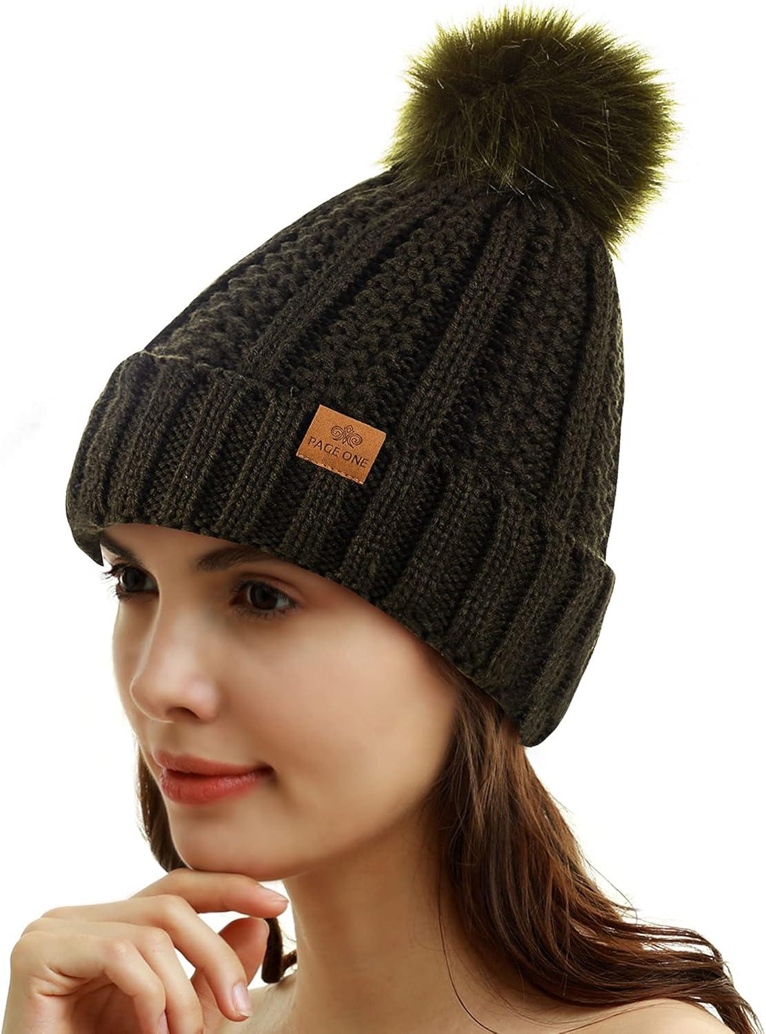 image:imagePAGE ONE Womens Winter Thick Cable Knit Beanie Faux Fur Pom Hat Fleece Lined Skull CapDark Olive