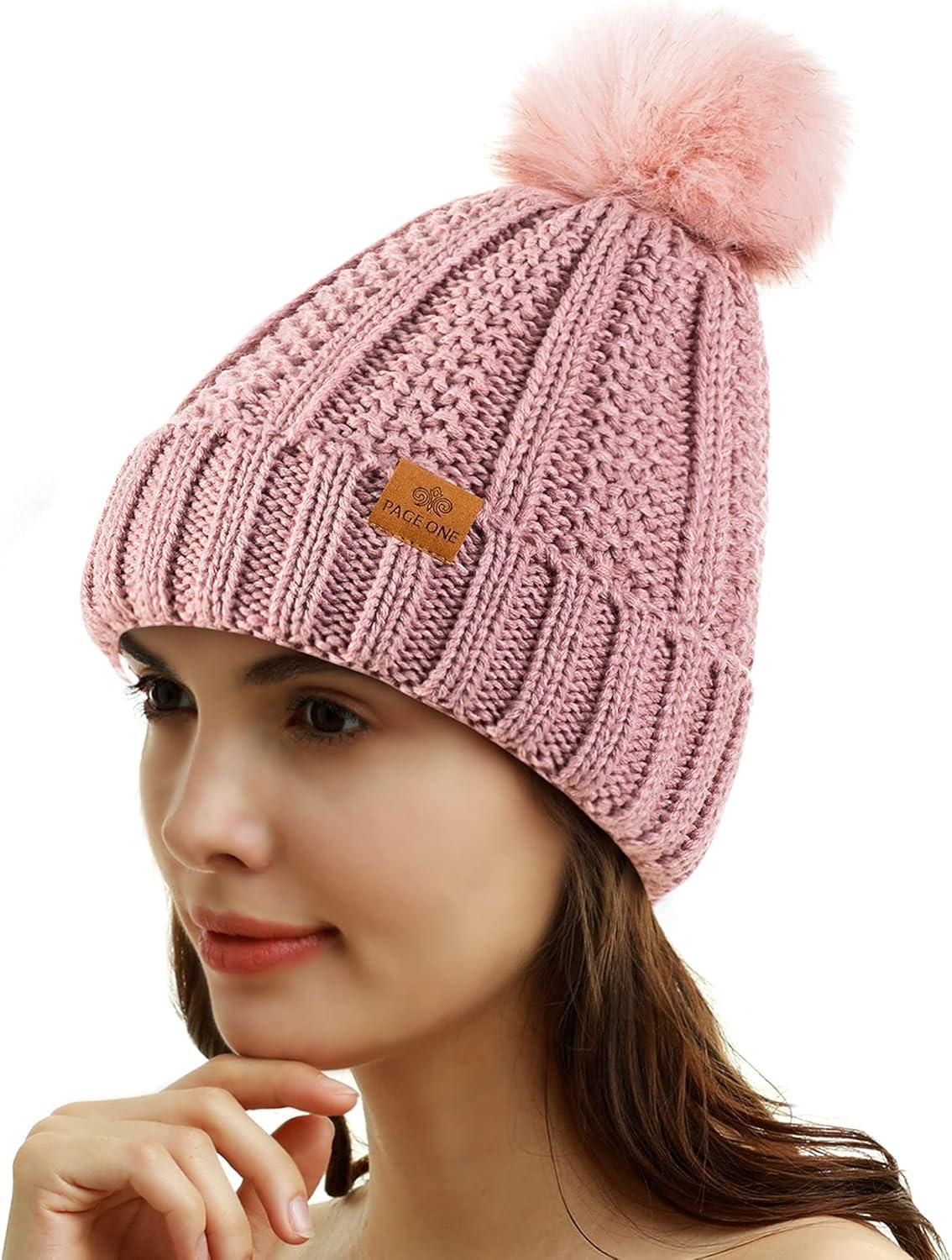 image:imagePAGE ONE Womens Winter Thick Cable Knit Beanie Faux Fur Pom Hat Fleece Lined Skull CapDark Pink
