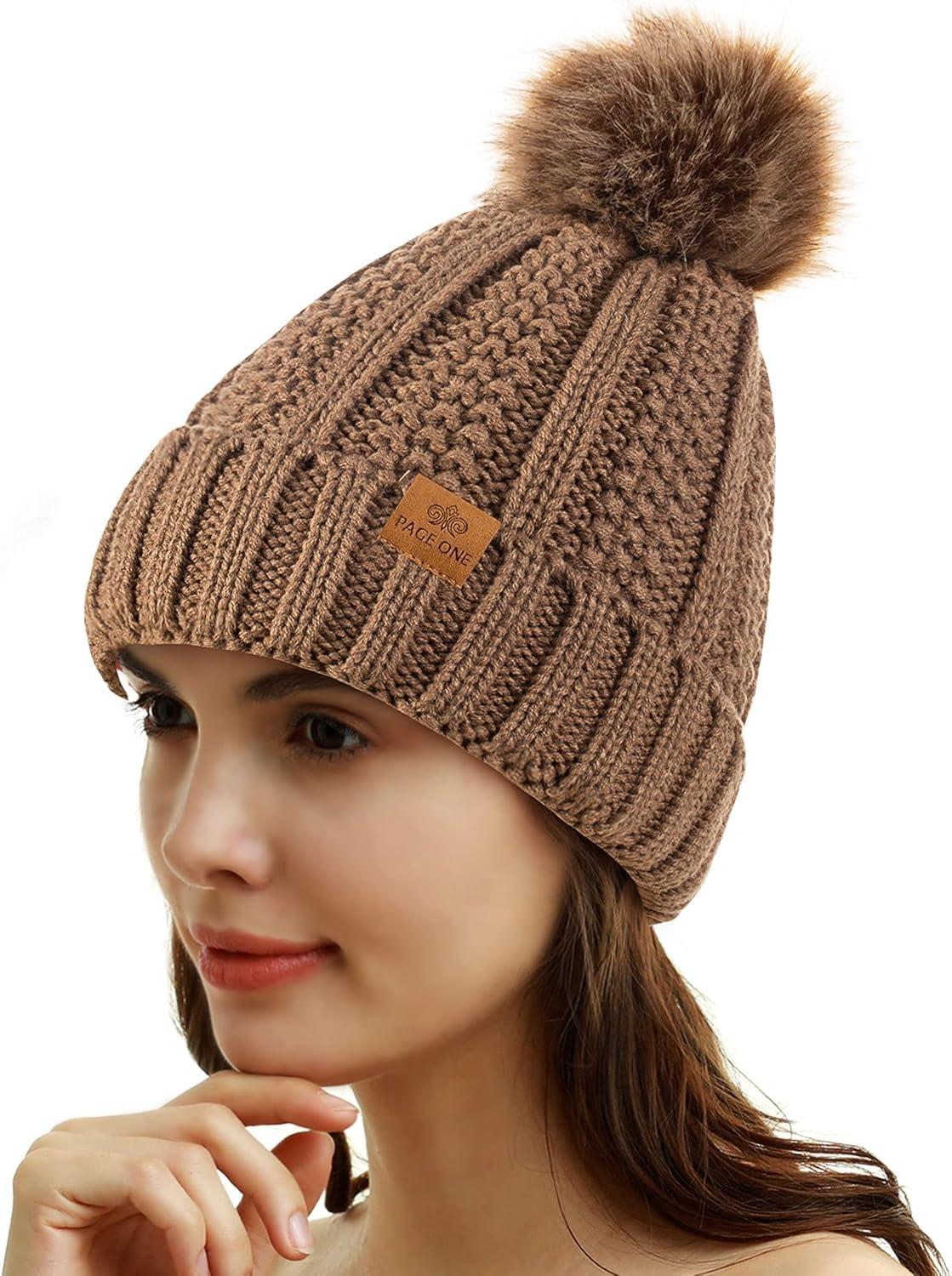 image:imagePAGE ONE Womens Winter Thick Cable Knit Beanie Faux Fur Pom Hat Fleece Lined Skull CapKhaki