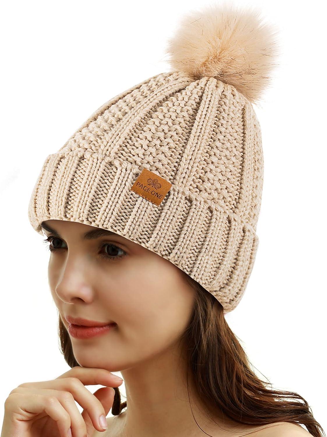 image:imagePAGE ONE Womens Winter Thick Cable Knit Beanie Faux Fur Pom Hat Fleece Lined Skull CapOatmeal