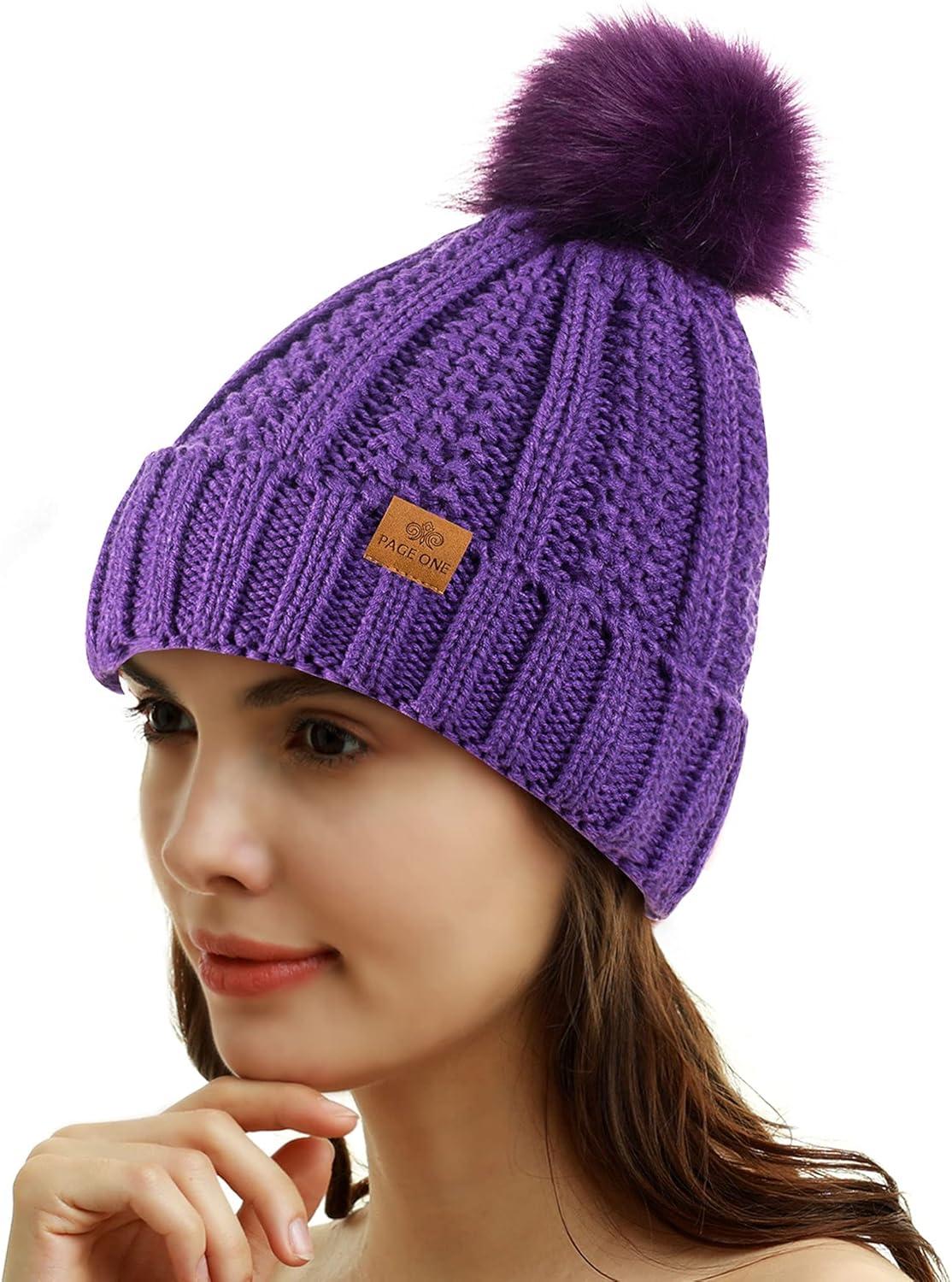 image:imagePAGE ONE Womens Winter Thick Cable Knit Beanie Faux Fur Pom Hat Fleece Lined Skull CapPurple