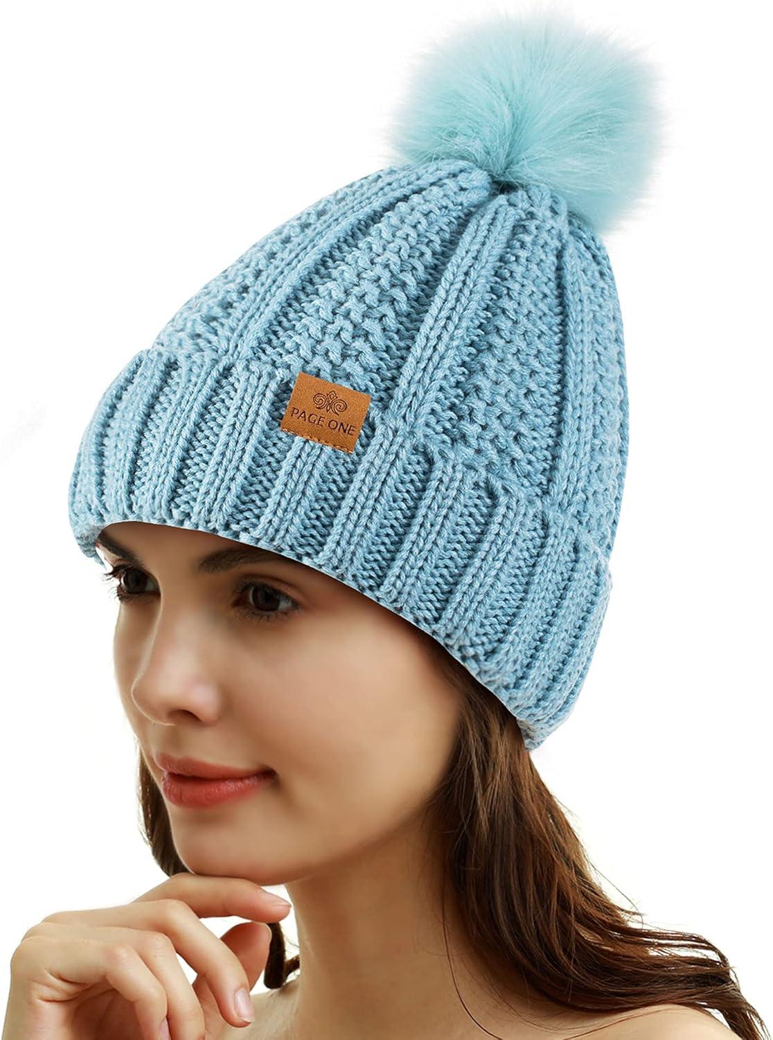 image:imagePAGE ONE Womens Winter Thick Cable Knit Beanie Faux Fur Pom Hat Fleece Lined Skull CapSky Blue