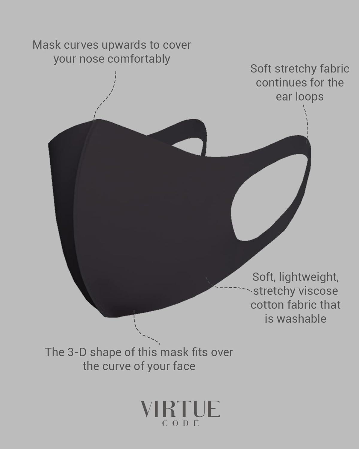 image:imageVIRTUE CODE Grayscale Cloth Face Mask for Adults Pack 3 Loungewear Masks Washable Fabric Face Mask ReusableBlack