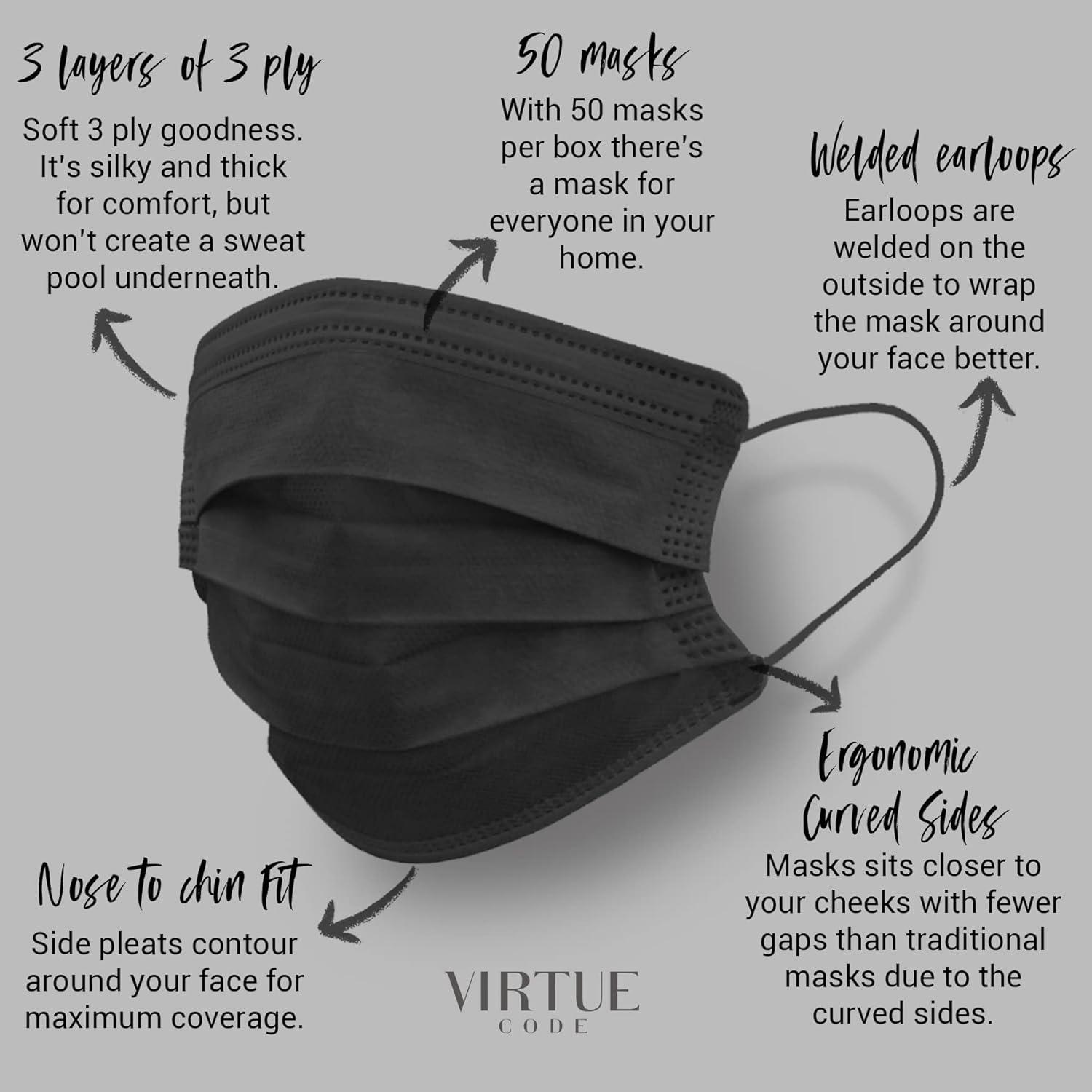 image:imageVIRTUE CODE On The Go Curved Face Masks Soft 3 Ply Comfort 50 Disposable Face MasksBlack