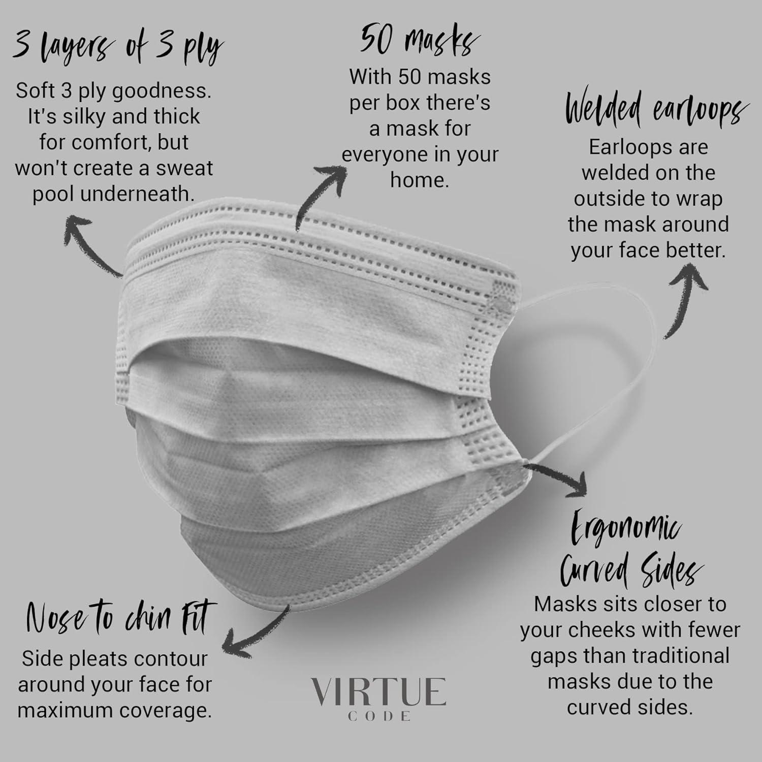image:imageVIRTUE CODE On The Go Curved Face Masks Soft 3 Ply Comfort 50 Disposable Face MasksGrey