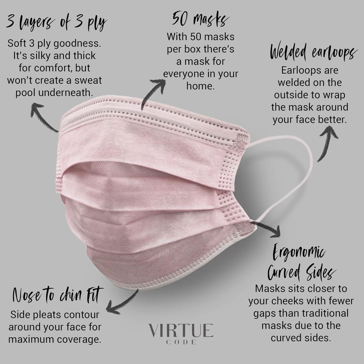 image:imageVIRTUE CODE On The Go Curved Face Masks Soft 3 Ply Comfort 50 Disposable Face MasksPink