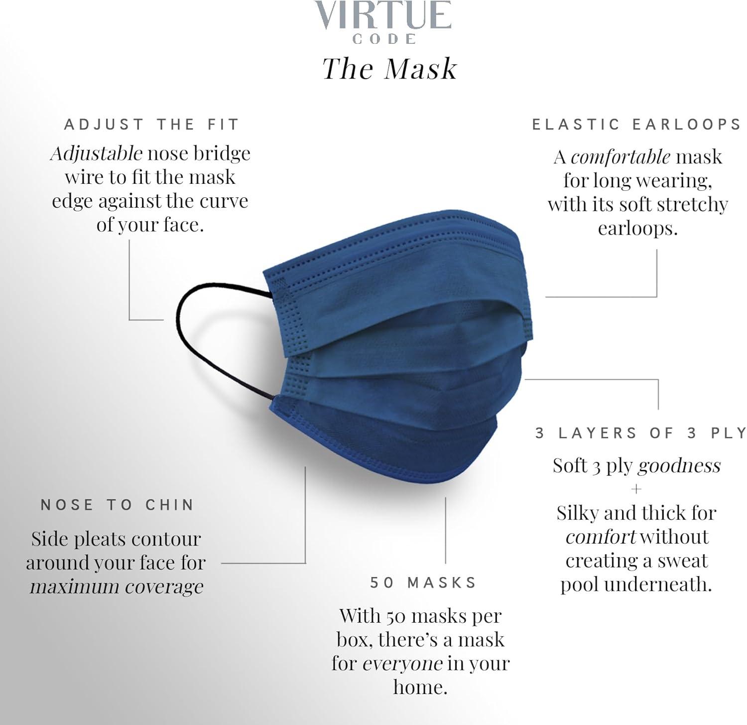image:imageVIRTUE CODE Seamless Essentials Face Masks Soft 3 Ply Comfort 50 Disposable Face MasksBlues