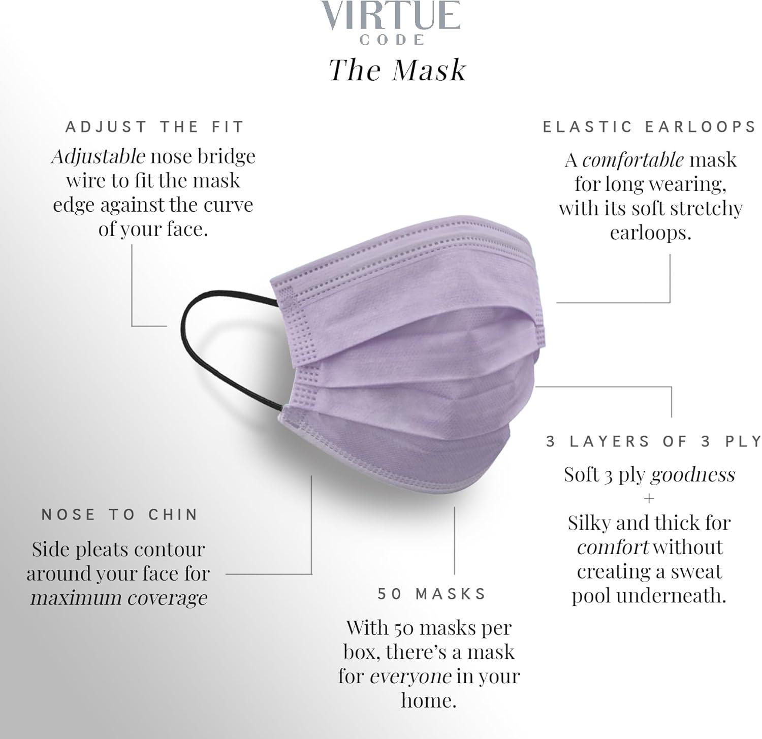 image:imageVIRTUE CODE Support Face Masks  Soft 3 Ply Comfort Face Masks Colorful Disposable Face Mask 50 Pack Grey Beige Navy Blue Colored Masks Adults Mens and Womens Disposable Face MasksPastels