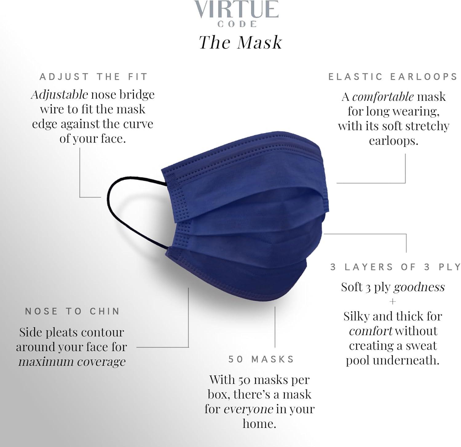 image:imageVIRTUE CODE Support Face Masks  Soft 3 Ply Comfort Face Masks Colorful Disposable Face Mask 50 Pack Grey Beige Navy Blue Colored Masks Adults Mens and Womens Disposable Face MasksTwilight