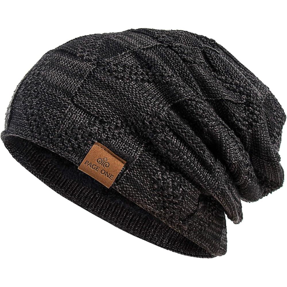 image:imagePAGE ONE Mens Winter Slouchy Beanie Warm Fleece Lined Skull Cap Baggy Cable Knit HatBlack