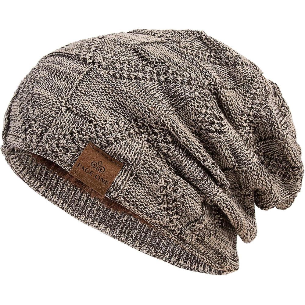 image:imagePAGE ONE Mens Winter Slouchy Beanie Warm Fleece Lined Skull Cap Baggy Cable Knit HatKhaki
