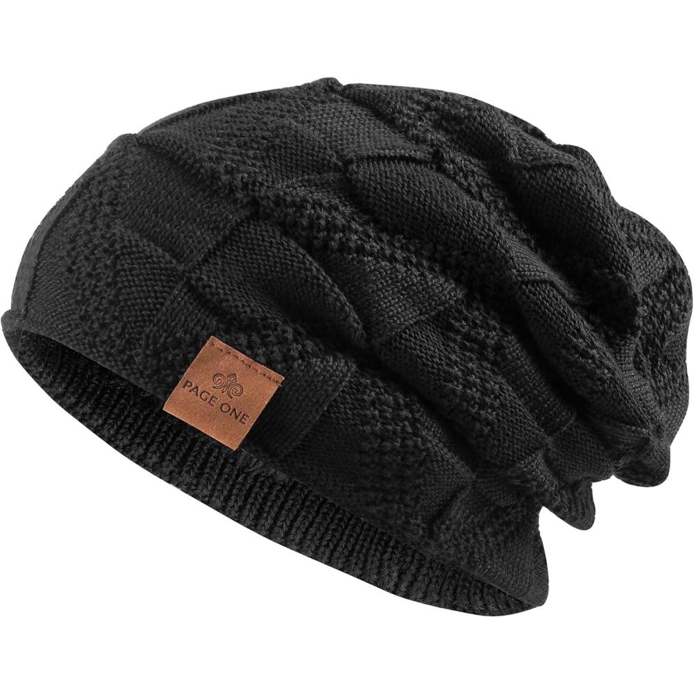 image:imagePAGE ONE Mens Winter Slouchy Beanie Warm Fleece Lined Skull Cap Baggy Cable Knit HatPure Black