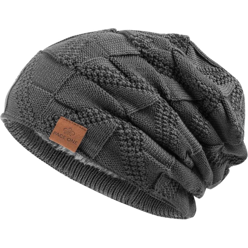 image:imagePAGE ONE Mens Winter Slouchy Beanie Warm Fleece Lined Skull Cap Baggy Cable Knit HatPure Blackwhite