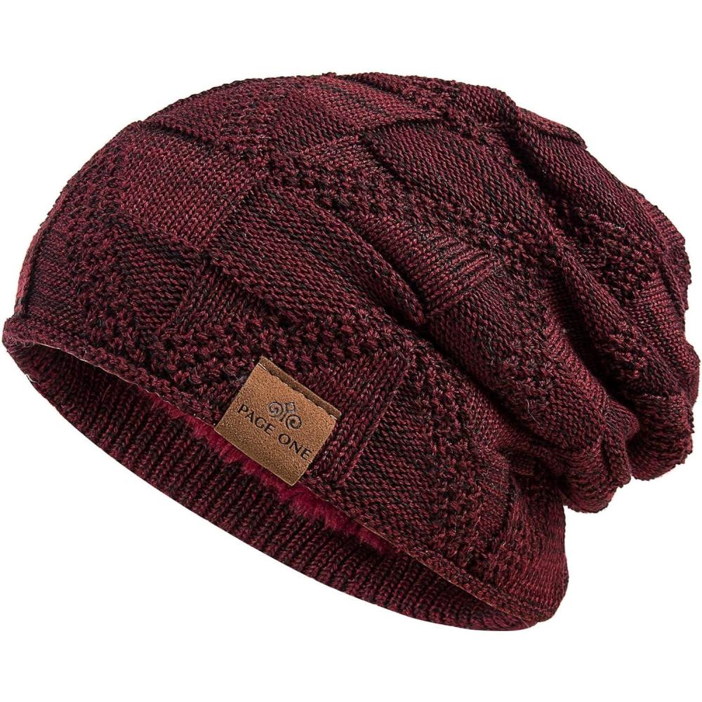 image:imagePAGE ONE Mens Winter Slouchy Beanie Warm Fleece Lined Skull Cap Baggy Cable Knit HatWine Red