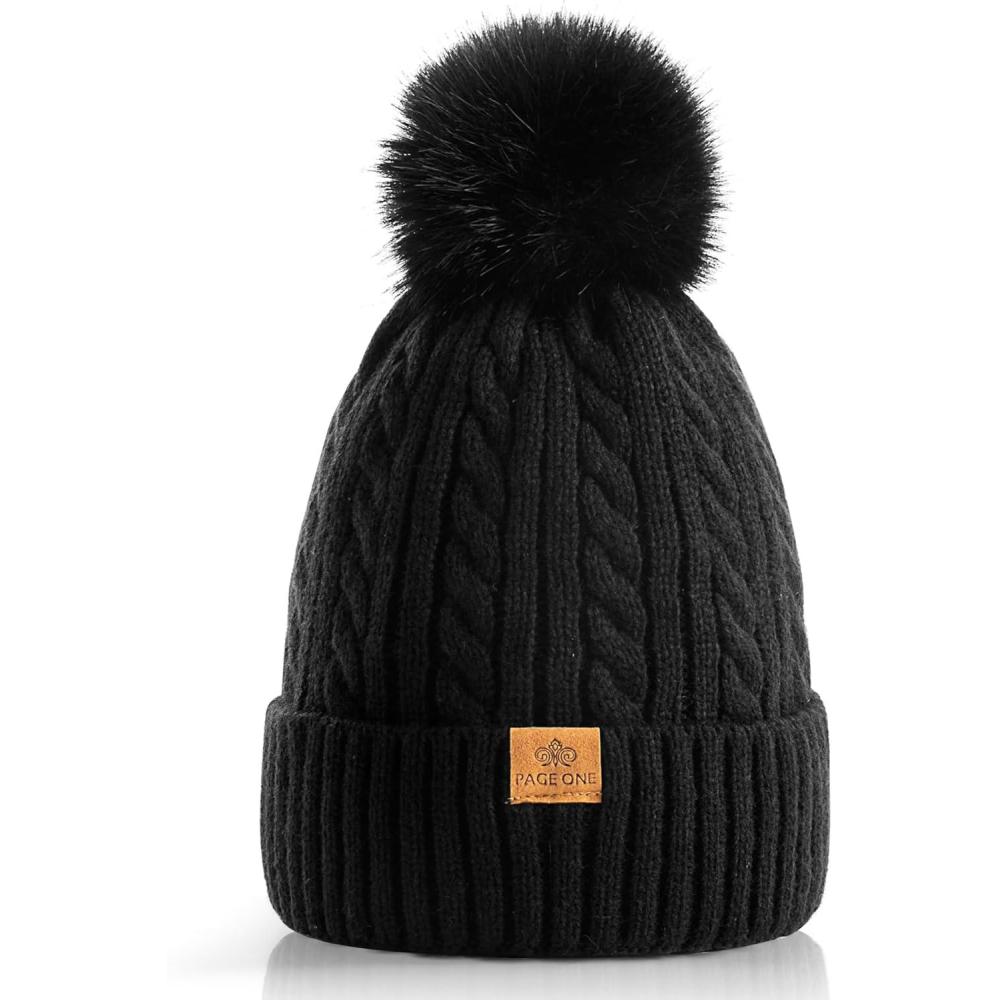 image:imagePAGE ONE Women Winter Pom Pom Beanie Hats Warm Fleece LinedChunky Trendy Cute Chenille Knit Twist CapBlack1