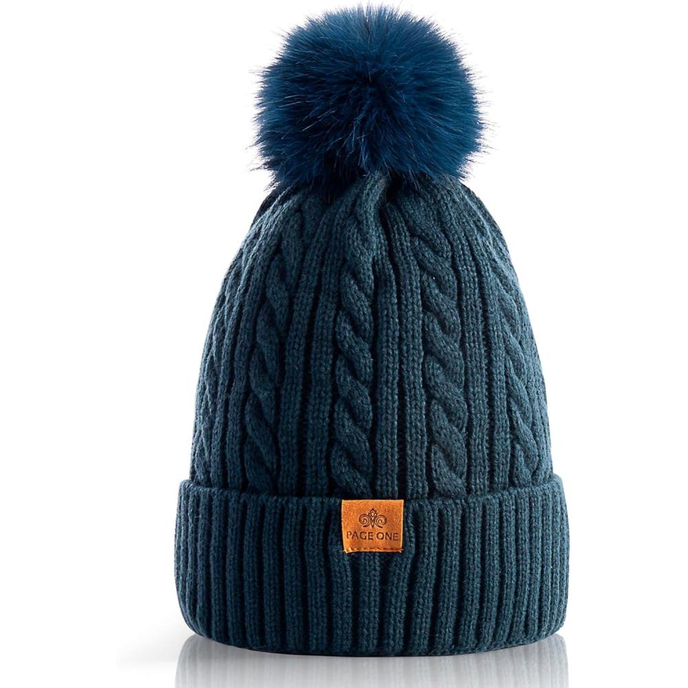 image:imagePAGE ONE Women Winter Pom Pom Beanie Hats Warm Fleece LinedChunky Trendy Cute Chenille Knit Twist CapDark Blue1