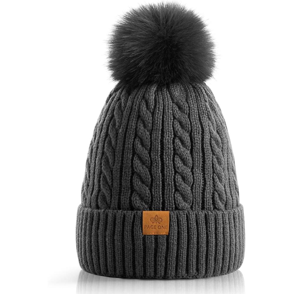 image:imagePAGE ONE Women Winter Pom Pom Beanie Hats Warm Fleece LinedChunky Trendy Cute Chenille Knit Twist CapDark Grey1