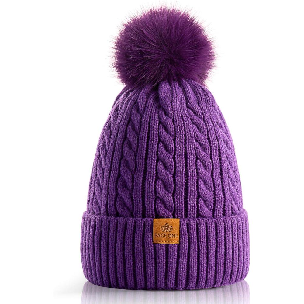 image:imagePAGE ONE Women Winter Pom Pom Beanie Hats Warm Fleece LinedChunky Trendy Cute Chenille Knit Twist CapLight Purple1